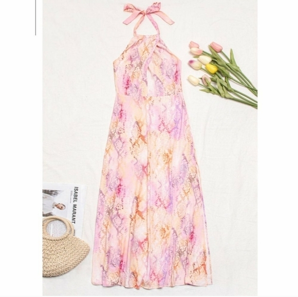 NWT Cupshe Pink Purple Yellow Halter Summer Beach Maxi Dress Size Large - Picture 1 of 7